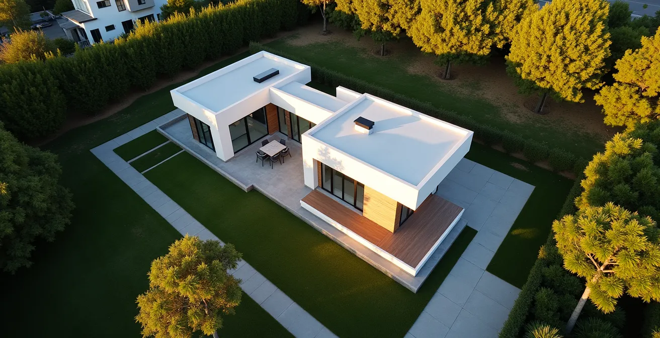 Vue aérienne d'une maison avec analyse des points d'accès vulnérables