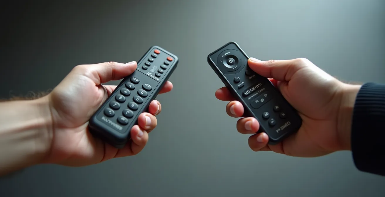 Mains comparant deux télécommandes d'alarme de complexité différente