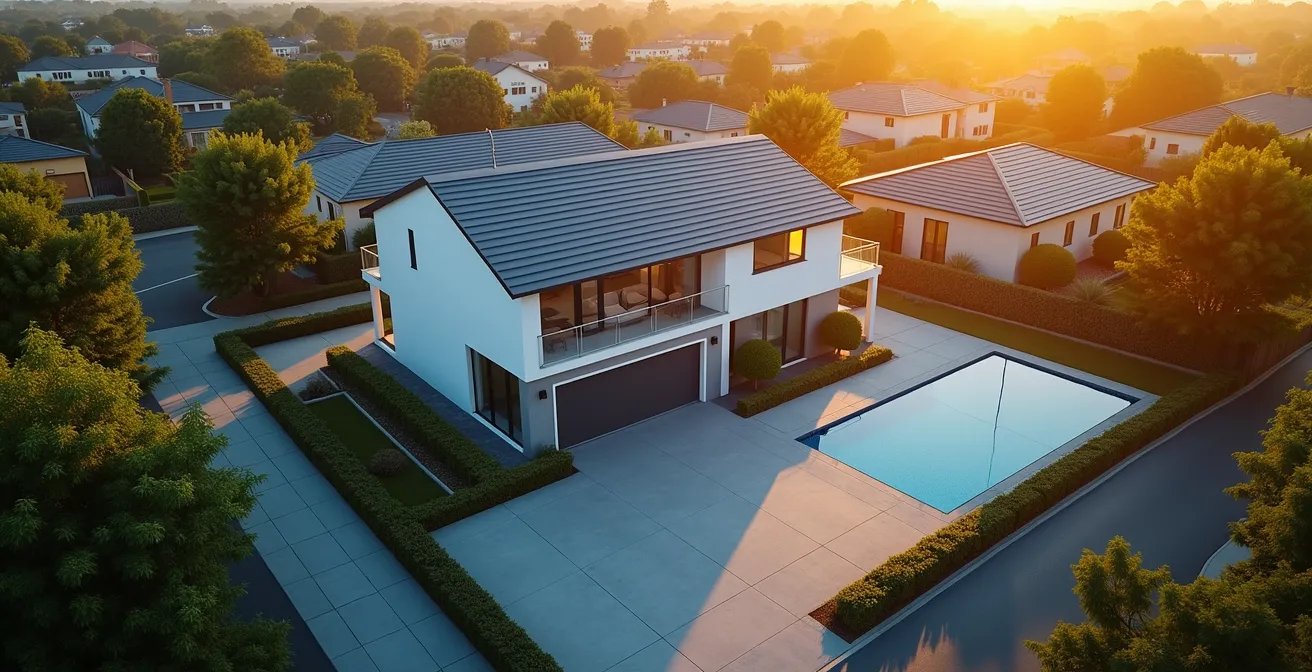 Vue aérienne d'une maison avec zones de protection matérialisées