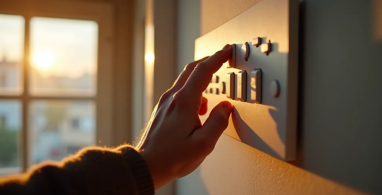 Main activant un système d'alarme avec détails mécaniques visibles