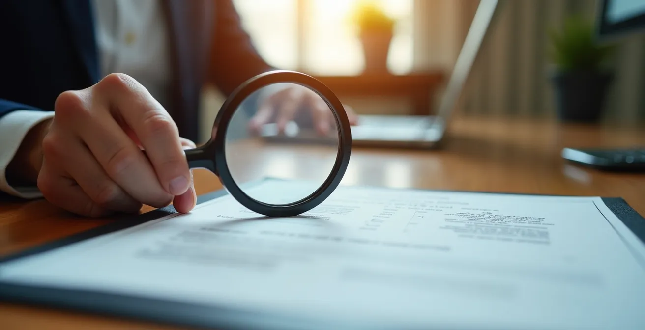 Gros plan sur une main tenant une loupe examinant un certificat de qualité