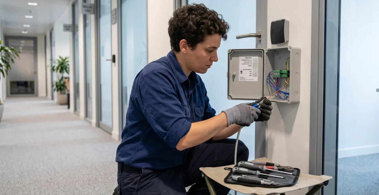 Technicien installant un lecteur de badge RFID sur l'encadrement d'une porte de bureau